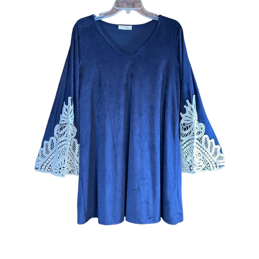KMC USA Blue Navy Dress/Tunic Size L Cream Lace Accents Flared Sleeves